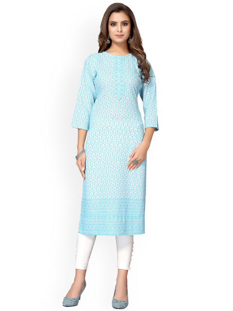 

Nimayaa Women Blue Ethnic Motifs Embroidered Thread Work Viscose Rayon Kurta