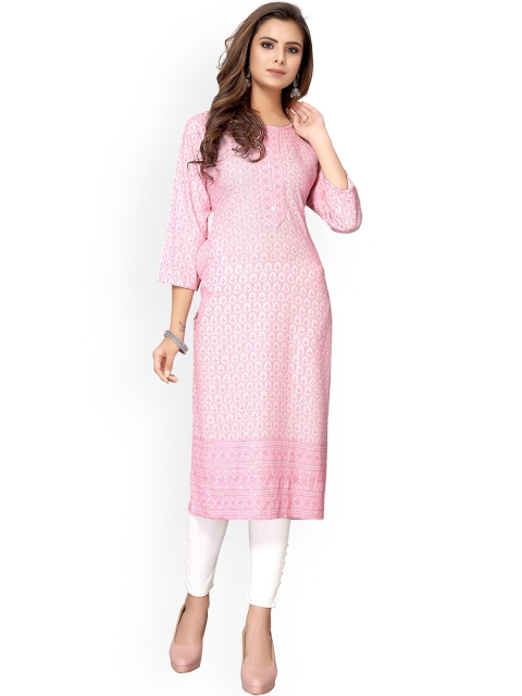 

Nimayaa Women Pink Ethnic Motifs Embroidered Thread Work Rayon Kurta