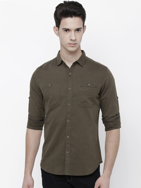 

LOCOMOTIVE Men Olive Green Slim Fit Solid Casual Shirt