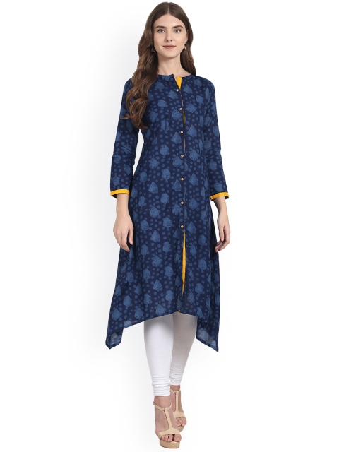 

Nayo Women Blue Printed Asymmetrical Hem A-Line Kurta