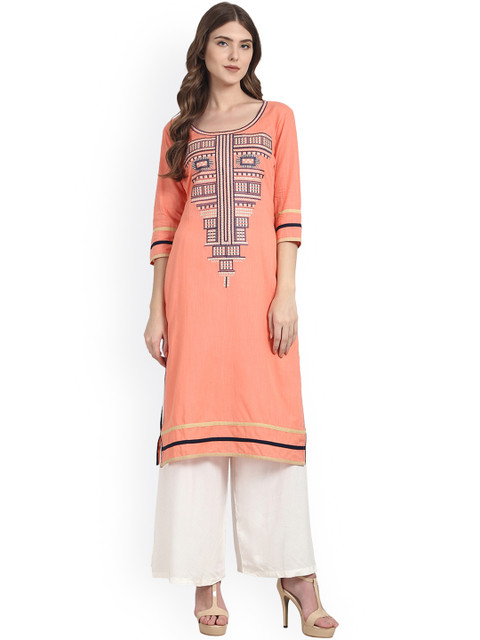 

Nayo Women Peach-Coloured Embroidered Straight Kurta