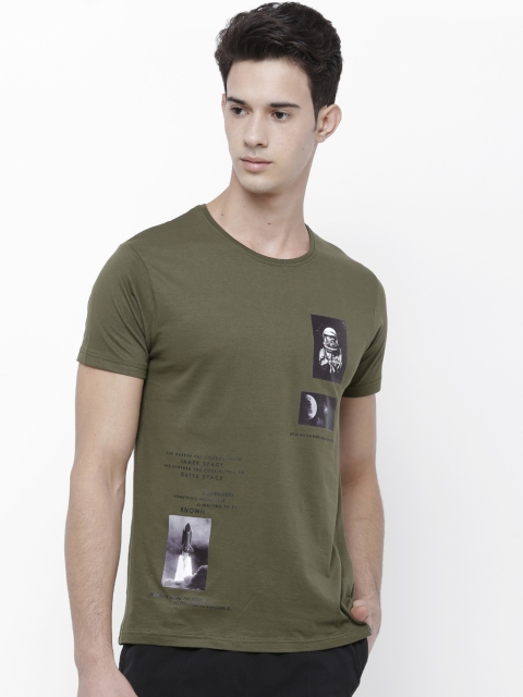 

LOCOMOTIVE Men Olive Green Printed Round Neck Slim Fit T-shirt