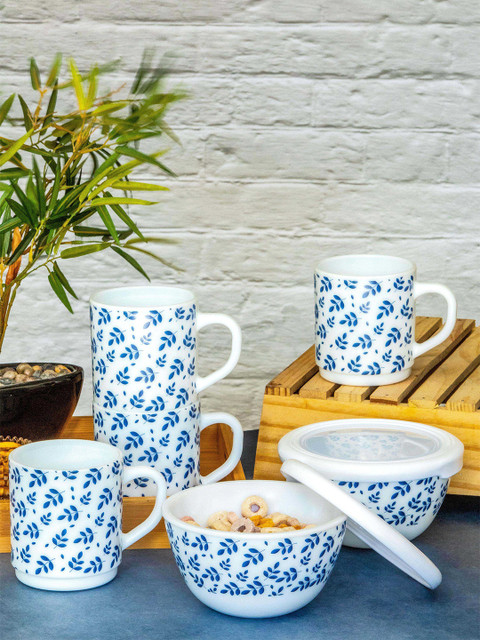 

Cello White & Blue Set of 6 Mug & Mixing Bowl with Lid Opalware Midori Set