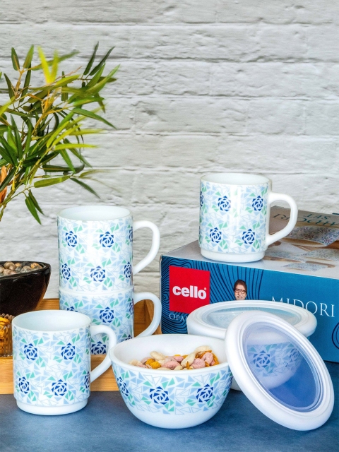 

Cello White & Blue Blue Blue Ethnic Motifs Printed Opalware Glossy Mug and Bowl Set of Cups and Mugs