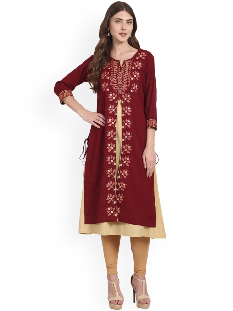 

Nayo Women Maroon & Beige Embroidered Layered Kurta
