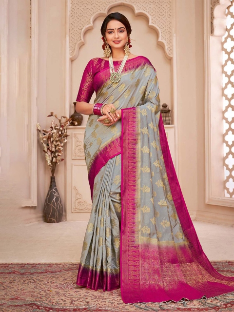 

KARAGIRI Grey & Pink Ethnic Motifs Zari Art Silk Banarasi Saree