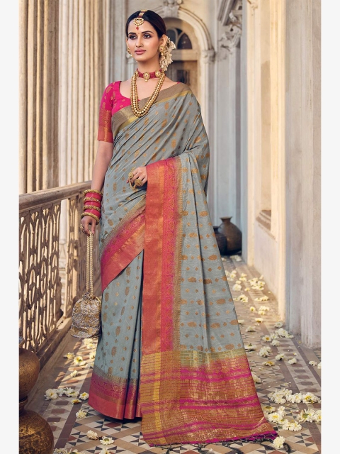 

KARAGIRI Grey & Pink Ethnic Motifs Zari Art Silk Banarasi Saree