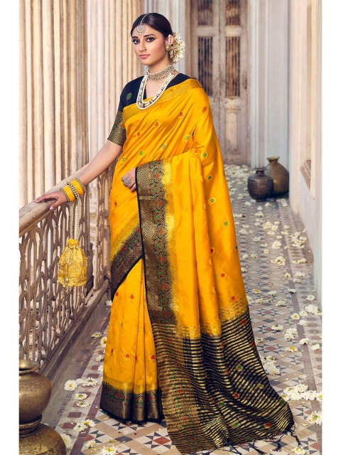 

KARAGIRI Yellow & Black Woven Design Zari Art Silk Banarasi Saree