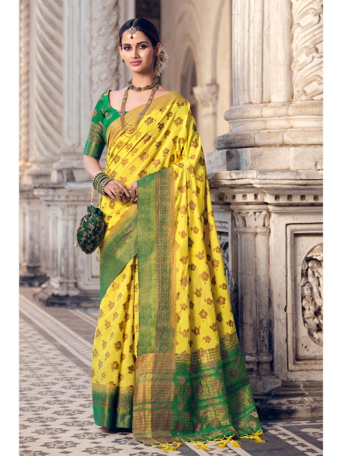 

KARAGIRI Yellow & Green Ethnic Motifs Zari Art Silk Banarasi Saree
