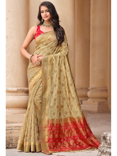 

KARAGIRI Cream-Coloured & Red Woven Design Zari Art Silk Banarasi Saree