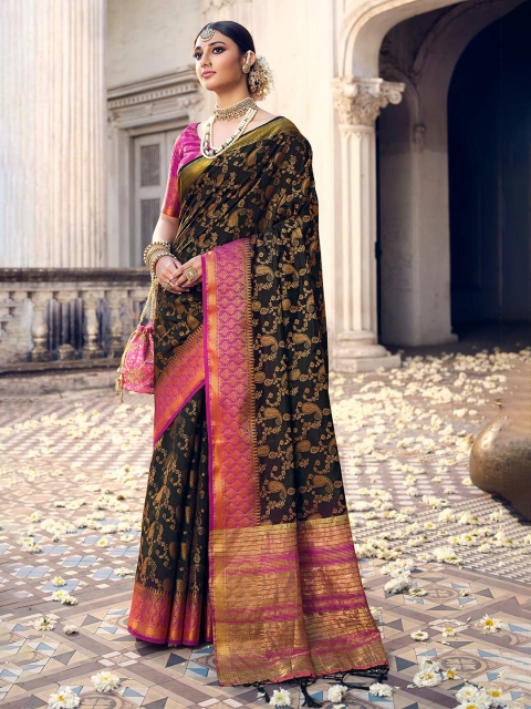 

KARAGIRI Black & Pink Ethnic Motifs Zari Art Silk Banarasi Saree