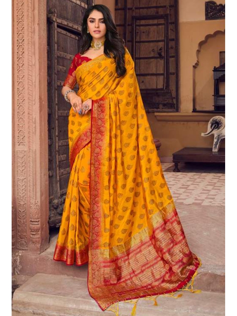 

KARAGIRI Yellow & Red Woven Design Zari Art Silk Banarasi Saree