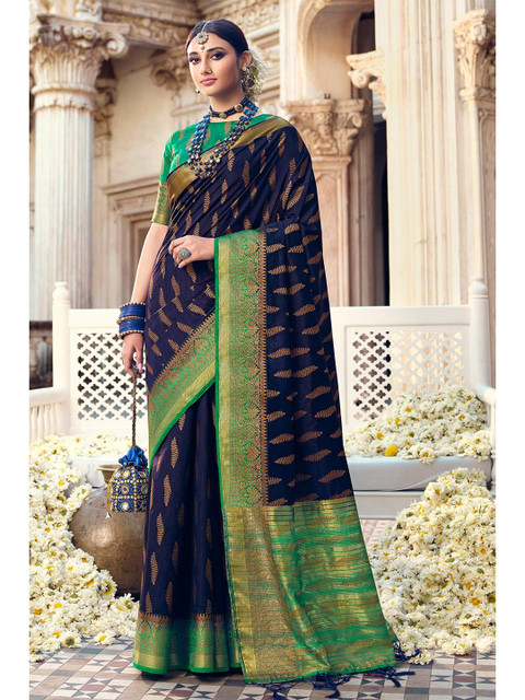 

KARAGIRI Blue & Green Ethnic Motifs Zari Art Silk Banarasi Saree