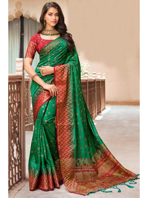 

KARAGIRI Green & Red Woven Design Zari Art Silk Banarasi Saree