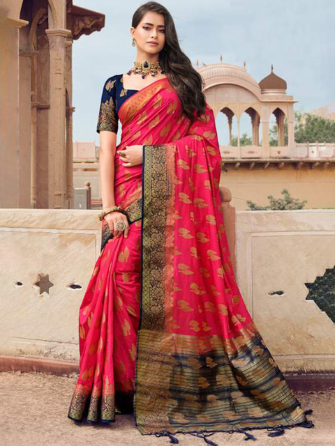 

KARAGIRI Pink & Blue Ethnic Motifs Woven Design Zari Art Silk Banarasi Saree