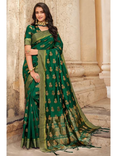 

KARAGIRI Green & Gold-Toned Ethnic Motifs Zari Art Silk Banarasi Saree