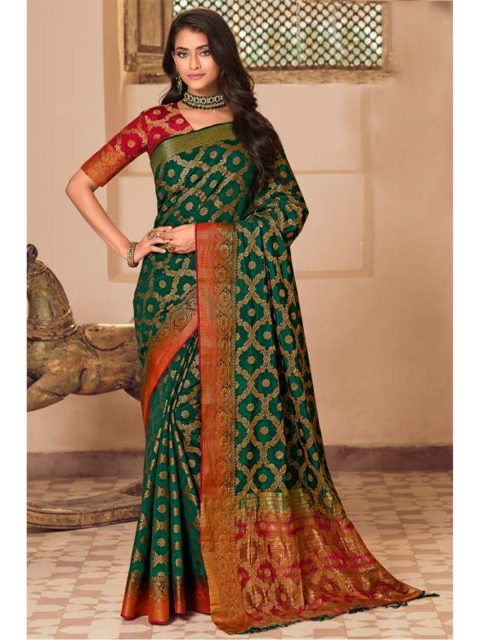 

KARAGIRI Green & Red Woven Design Zari Art Silk Banarasi Saree