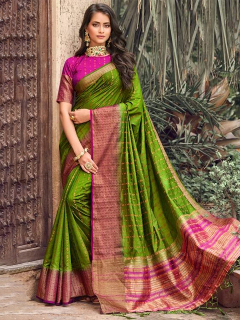 

KARAGIRI Green & Pink Ethnic Motifs Woven Design Zari Art Silk Banarasi Saree