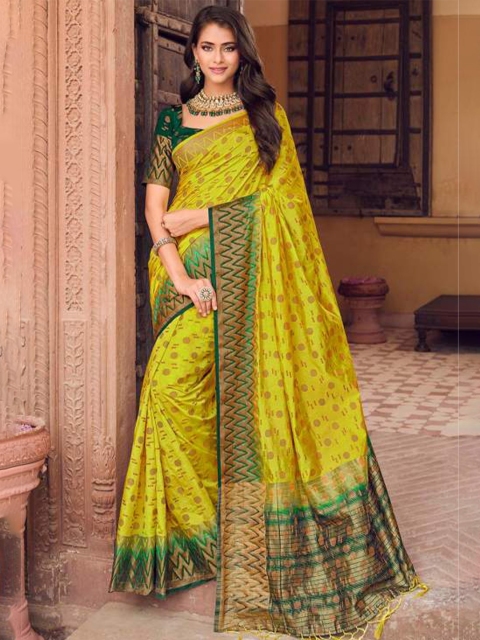 

KARAGIRI Yellow & Green Woven Design Zari Art Silk Banarasi Saree