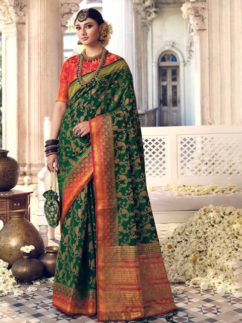 

KARAGIRI Green & Red Paisley Zari Art Silk Banarasi Saree