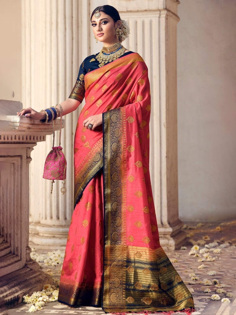 

KARAGIRI Pink & Blue Ethnic Motifs Zari Art Silk Banarasi Saree
