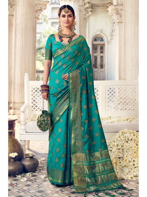 

KARAGIRI Blue & Gold-Toned Woven Design Zari Art Silk Banarasi Saree