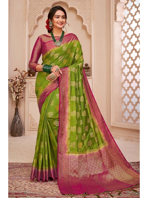 

KARAGIRI Green & Pink Ethnic Motifs Zari Art Silk Banarasi Saree