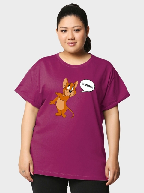 

Bewakoof Plus Women Plus Size Purple & Brown Printed Drop-Shoulder Sleeves T-shirt