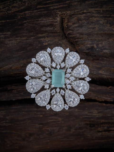 

Kushal's Fashion Jewellery Rhodium-Plated Silver-Toned & Sea Green CZ Stone-Studded Adjustable Finger Ring