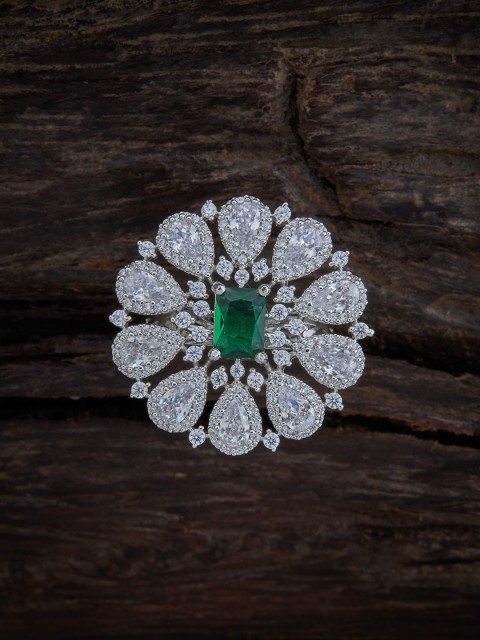 

Kushal's Fashion Jewellery Rhodium-Plated Green CZ-Studded Finger Ring, Silver