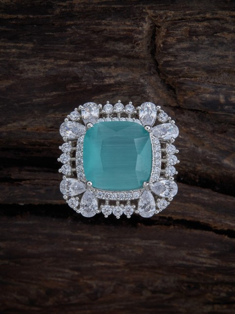 

Kushal's Fashion Jewellery Rhodium-Plated Sea Green CZ-Studded Adjustable Finger Ring, Silver