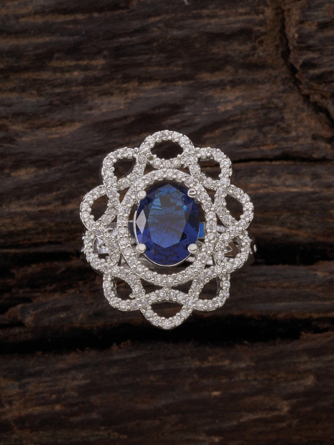 

Kushal's Fashion Jewellery Rhodium-Plated Blue CZ-Studded Finger Ring, Silver
