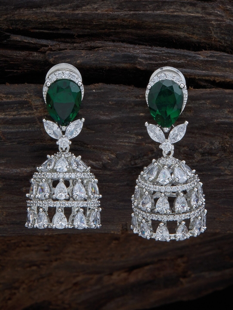 

Kushal's Fashion Jewellery Green Rhodium-Plated Dome Shaped Jhumkas Earrings