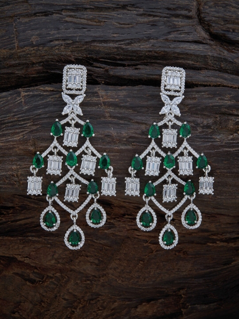 

Kushal's Fashion Jewellery Green & Silver-Toned Teardrop Shaped Drop Earrings