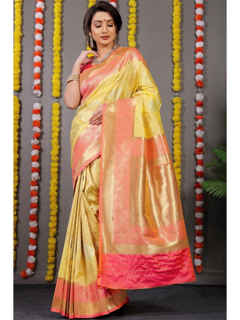 

Anaita Yellow & Peach-Coloured Ethnic Motifs Zari Pure Silk Banarasi Saree