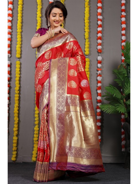

Anaita Red & Purple Ethnic Motifs Zari Pure Silk Banarasi Saree
