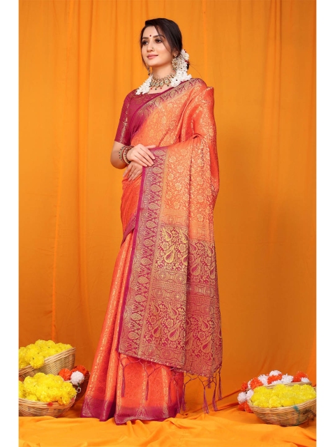 

Anaita Orange & Gold-Toned Woven Design Zari Pure Silk Banarasi Saree