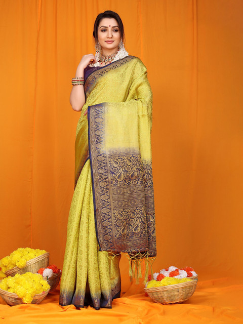 

Anaita Green & Blue Ethnic Motifs Zari Pure Silk Banarasi Saree