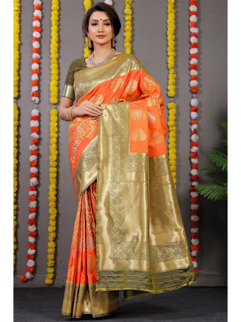 

Anaita Orange & Green Ethnic Motifs Zari Pure Silk Banarasi Saree