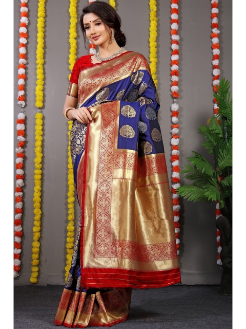 

Anaita Navy Blue & Red Ethnic Motifs Zari Pure Silk Banarasi Saree