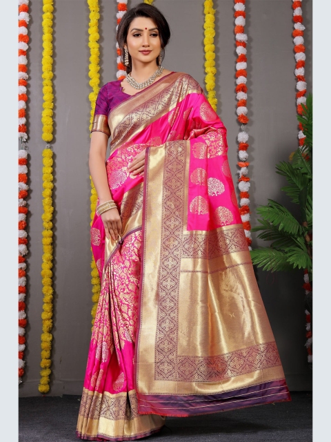 

Anaita Pink & Gold-Toned Woven Design Zari Pure Silk Banarasi Saree