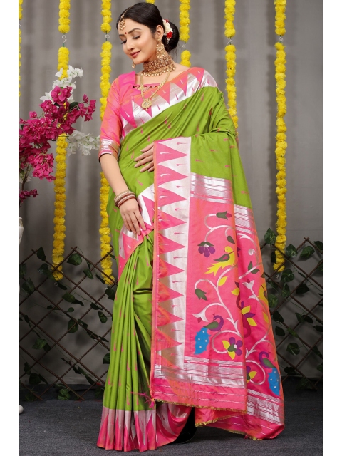

Anaita Lime Green & Silver-Toned Ethnic Motifs Pure Silk Banarasi Saree