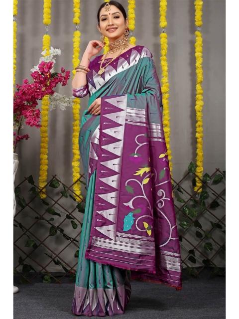 

Anaita Teal & Silver-Toned Woven Design Zari Pure Silk Banarasi Saree