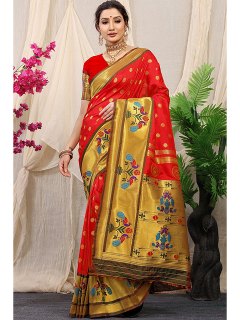 

Anaita Red & Gold-Toned Woven Design Zari Pure Silk Banarasi Saree