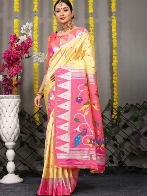 

Anaita Cream-Coloured & Blue Ethnic Motifs Zari Pure Silk Banarasi Saree