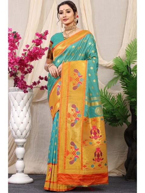 

Anaita Turquoise Blue & Gold-Toned Ethnic Motifs Zari Pure Silk Banarasi Saree