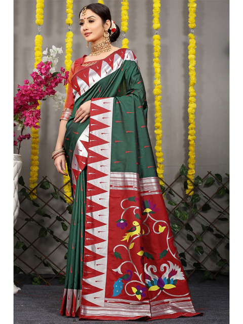 

Anaita Green & Silver-Toned Woven Design Zari Pure Silk Banarasi Saree