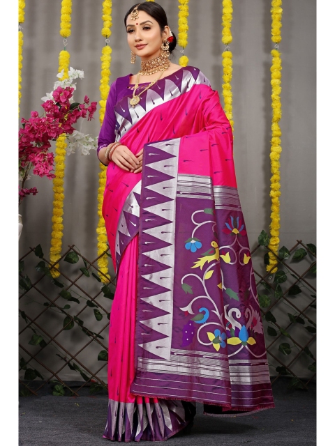 

Anaita Pink & Purple Ethnic Motifs Zari Pure Silk Banarasi Saree