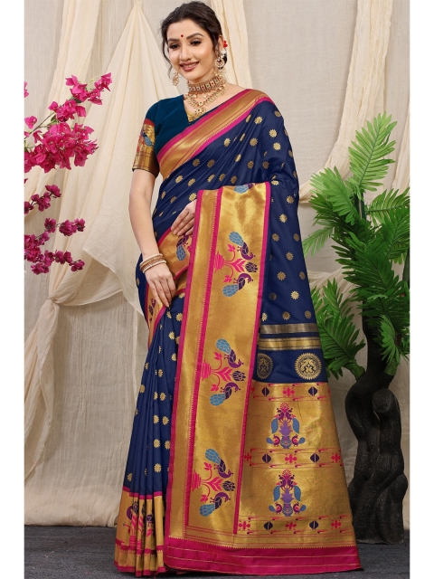 

Anaita Navy Blue & Pink Ethnic Motifs Zari Pure Silk Banarasi Saree