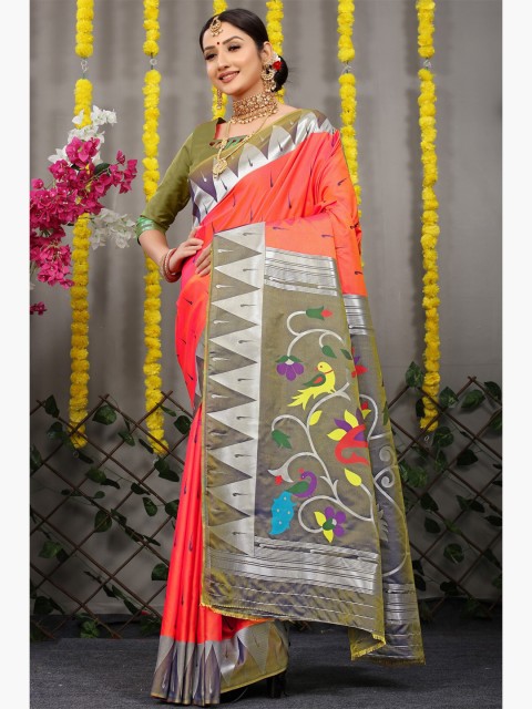 

Anaita Women Orange & Silver-Toned Woven Design Zari Pure Silk Banarasi Saree